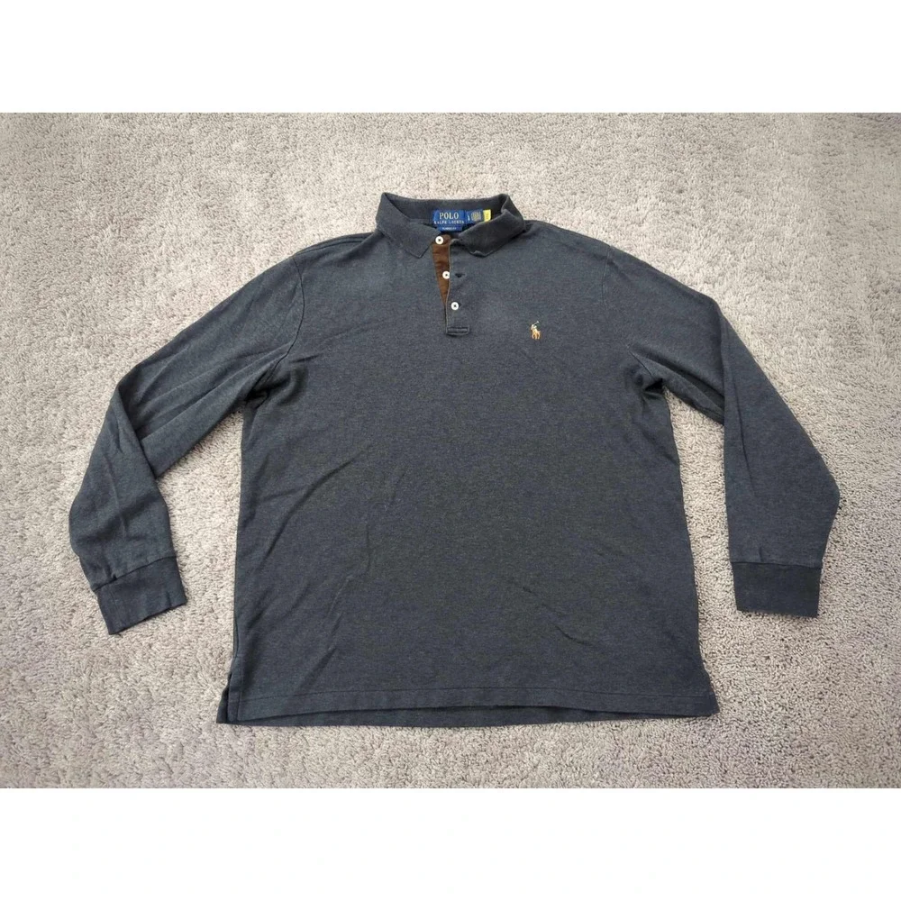 Polo‎ Ralph Lauren Polo Shirt Mens L Gray Long Sleeve Classic Golf Preppy Casual